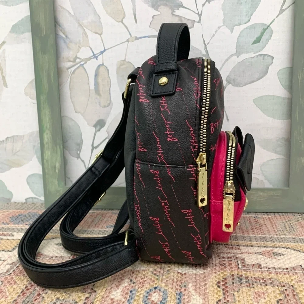 #64 Betsey Johnson Kitsch Puppy Black Pink Mini Backpack Tote Handbag Purse Bag